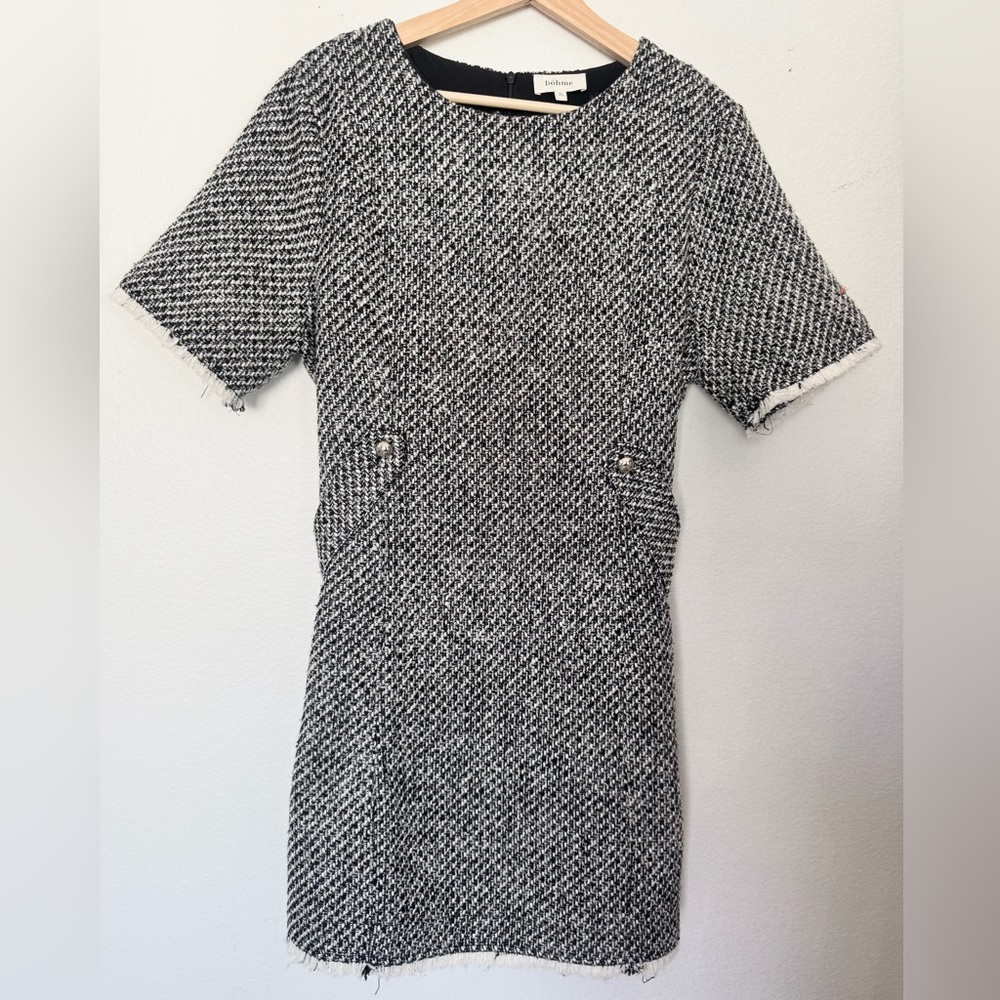 Bohme Chic Black and White Short Sleeve Tweed Dress Mini Belted Zipper Size XL